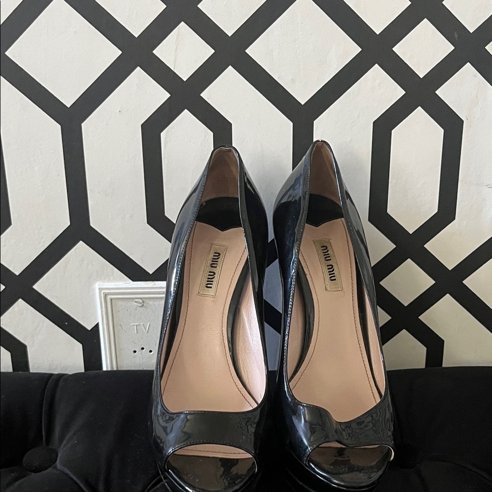 Miu Miu Glossy Black Peep-Toe Heels